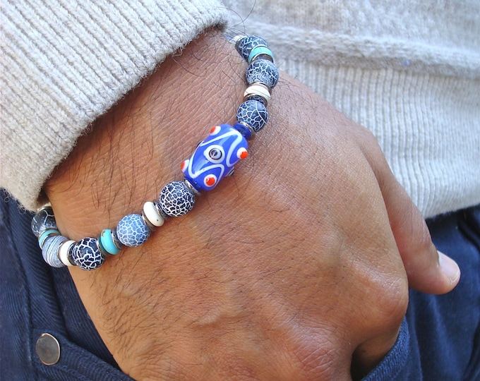Men's Spiritual Evil Eye Protection with Semi Precious Crackle Agates, Turquoise, Howlite, Cobalt Nazar Boncugu, - Evil Eye Protection