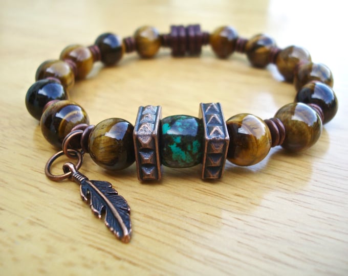 Native American Men's Spiritual Protection, Balance Bracelet with Semi Precious Tiger's Eye, American Turquoise, Copper Feather Charm, Wood