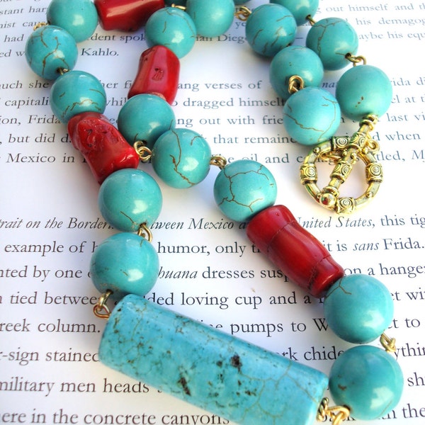 Chunky Necklace with Turquoise and Red Coral