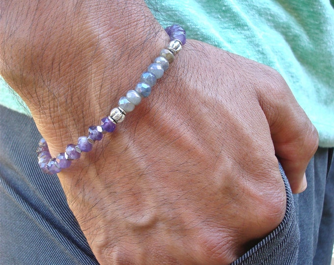 Men's Spiritual Minimalist Protection, Healing, Strength, Clarity Bracelet with Semi Precious Amethyst, Labradorite, Hematites and Bali Bead