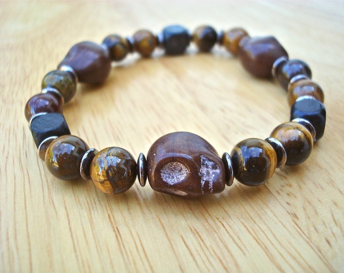 Men's Rocker Bracelet with Semi Precious Tiger's Eye, Carved Brown Howlite, Black Wood, Gunmetal - Skulls Man Bracelet