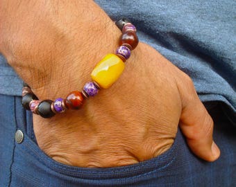 Men's Spiritual Pretection, Love, Fortune Bracelet - Yellow Brazilian Agte, Purple Imperial Jasper, Black Mattey Onyx, Mala Red Sandalwood