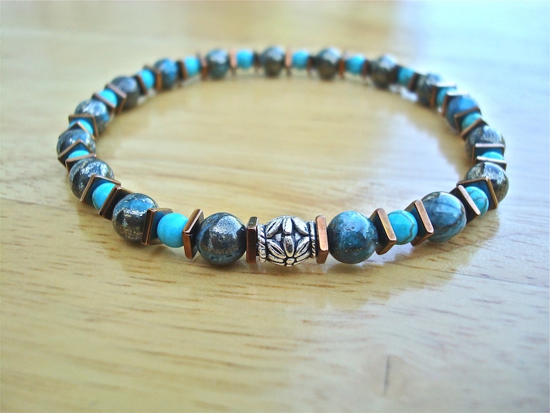 Minimalist Bracelet Spiritual Healing, Luck, Protection, Truth with Semi Precious Peacock Ore/Chalcopyrite, Turquoise and Bronze Hematites image 4