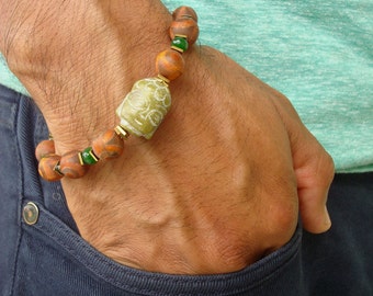 Men's Spiritual Buddha Bracelet - Semi Precious Terracota Tibetan Eye Agates, Emerald Jade, Green Jade Hand Carved Tibetan Buddha, Hematites