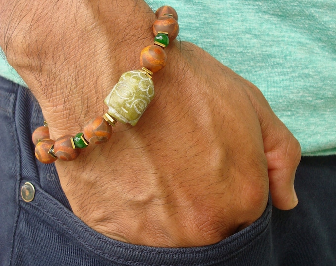 Men's Spiritual Buddha Bracelet - Semi Precious Terracota Tibetan Eye Agates, Emerald Jade, Green Jade Hand Carved Tibetan Buddha, Hematites