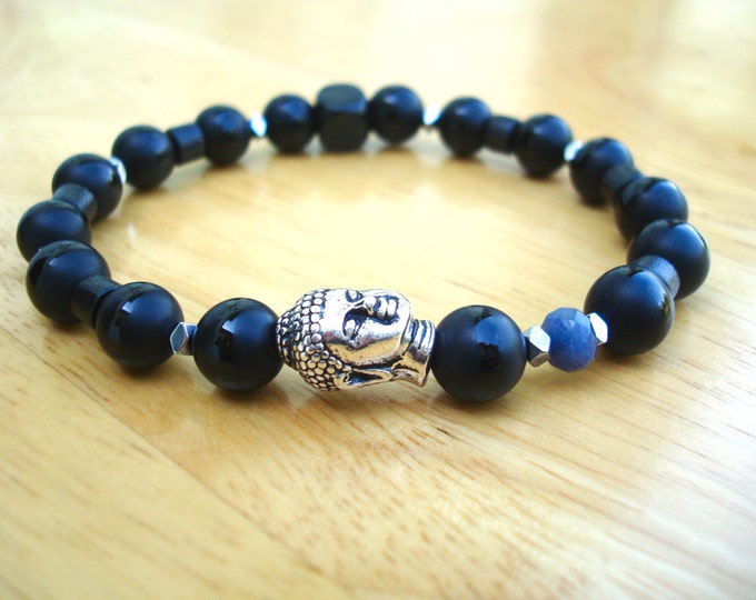 Men's Spiritual Protection Buddha Bracelet with Semi Precious Matte Onyx, Gray Quartz, Bali Tibetan Buddha, Hematites, Wood - David Beckham