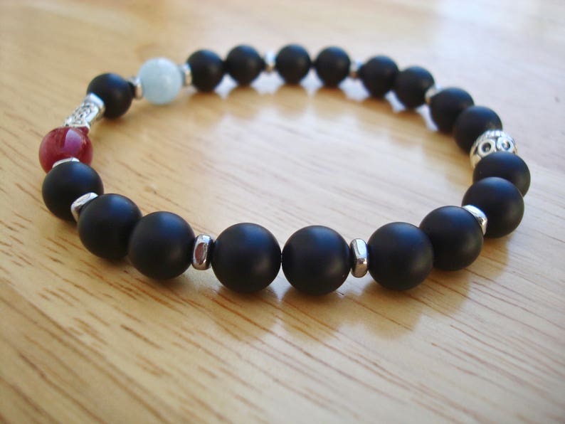 Fortune Men/'s Spiritual Protection Black Onyx Carnelian Hematites Bali Owl Tranquility Owl Wisdom Bracelet Semi Precious Aquamarine