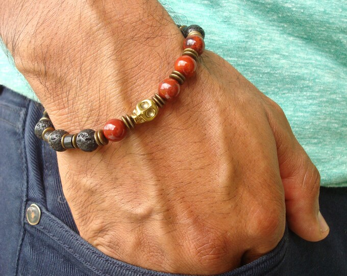 Men's Rocker Bracelet with Semi Precious Red Jasper, a Hematite Skull, Black Lava, Wood and Brass Rondelles - Good Fortune and Protection