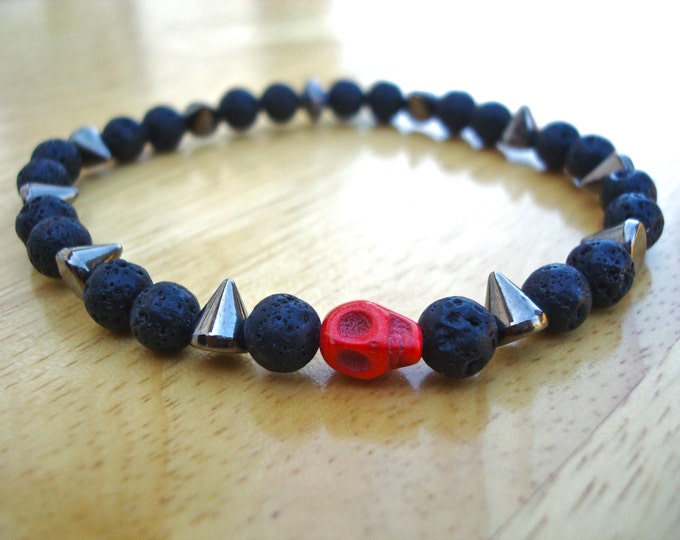 Men's Rocker Bracelet with Black lava, Gunmetal Spikes, a Red Howlite Skull - Steampunk Man Bracelet - Rock Man Bracelet - Goth Man