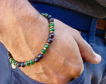 Men's Minimalist Fortune , Serenity  Bracelet with Semi Precious Matte Onyx, Hematites, Green Jade, Filigree Copper-  David Beckham Bracelet