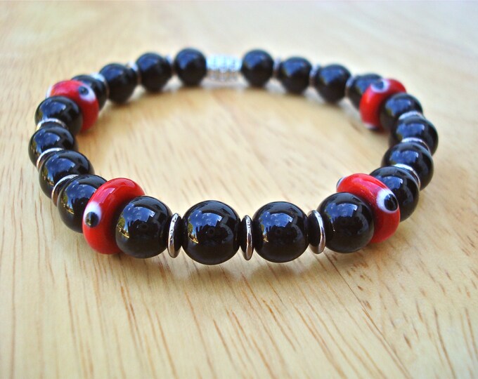 Healing Spiritual Evil Eye Protection, Semi Precious Jasper, Red Evil Eye Protection Beads, Gunmetal and Bali Bead - Evil Eye Man Bracelet