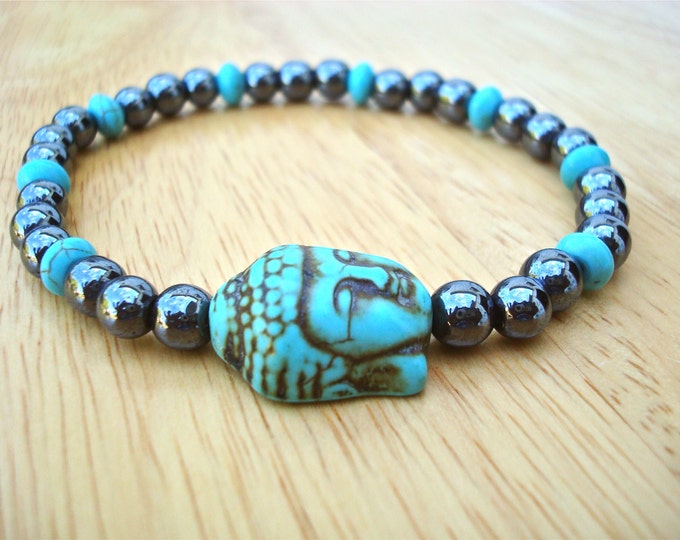 Men's Spiritual Protection Tibetan Buddha Bracelet with Semi Precious Turquoise, Hematites and Carved Tibetan Buddha Turquoise - Yoga Man
