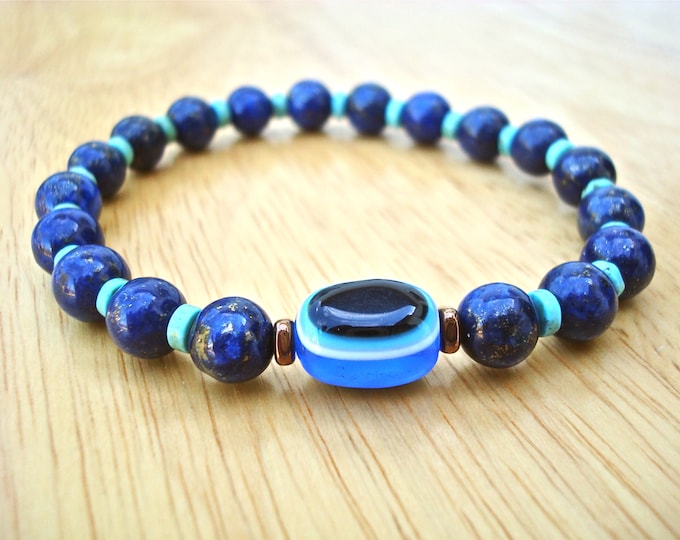 Men's Evil Eye Protection, Healing, Friendship and Truth  Bracelet Semi Precious Lapis Lazuli, Turquoise, Hematites, Nazar Boncugu Resin