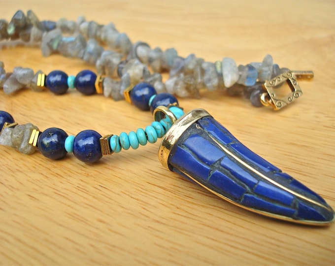 Men's Long Spiritual Necklace- Semi Precious Labradorite, Lapis Lazuli, Tibetan Brass Lapis LazuliTusk, Hematites, Turquoise - Tibetan Man
