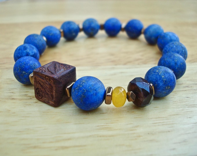 Men's Spiritual Serenity, Truth, Commitment, Protection Bracelet Semi Precious Lapis Lazuli, Garnet, Jade, Bronze Hematites, Carved Wood