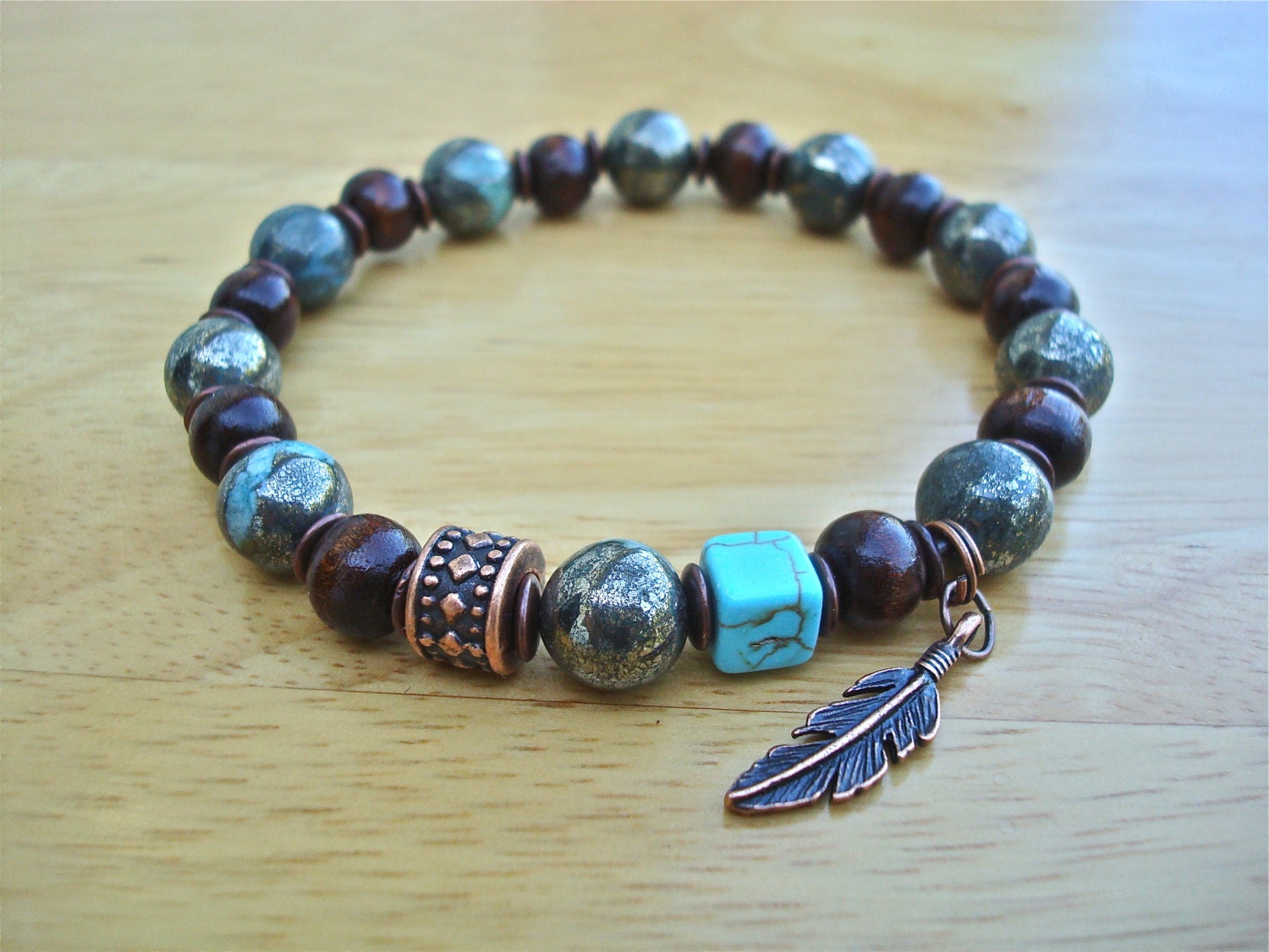 Men's Protection, Luck Tribal Bracelet with Semi Precious Peacock Ore ...