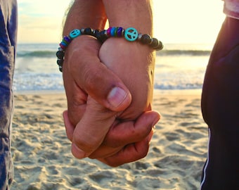 Pride, Peace, Love is Love, Couple Bracelets with Semi Precious Matte Onyx, Turquoise Peace & Love, Shells, Bali and Gunmetal Rondelles