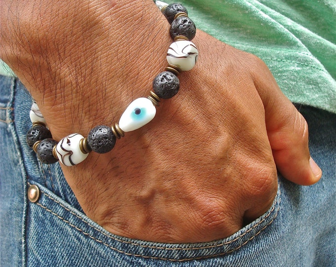 Men's Spiritual Evil Eye Protection and Courage Bracelet with Lava, Murano Glass White and Black Cubes, Nazar Evil Eye Glass, Brass and Wood