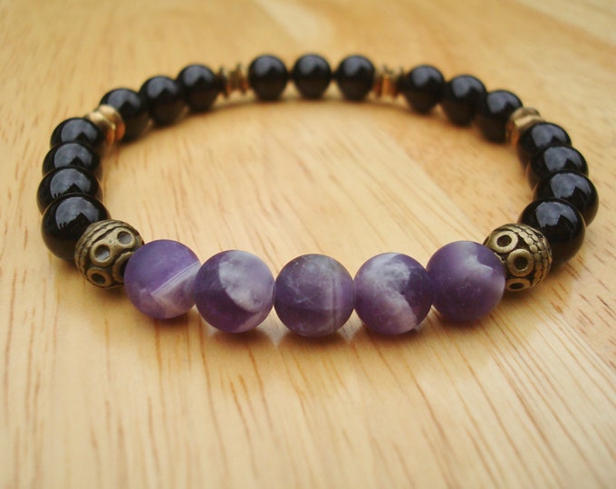 Men's Spiritual Protection, Love, Clarity Bracelet with Semi Precious Matte Amethyst, Black Agate, Hematites, Brass Filigree- Love Bracelet