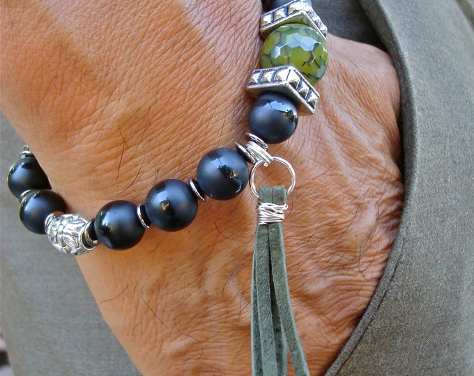 Men's Spiritual Strength, Fortune Protection Bracelet with Semi Precious Matte Onyx, Dragon Vein Green Agate, Leather Tassel, Bali Beads