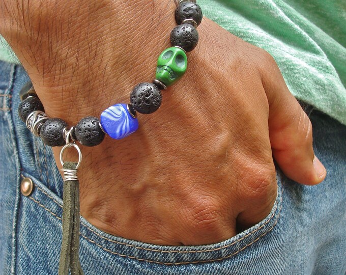 Men's Courage, Patience Bracelet with Cobalt Murano, Lava, Horn, Bali, Green Howlite Skull, Carved Wood, Hand Wire Wrapped Leather Tassel
