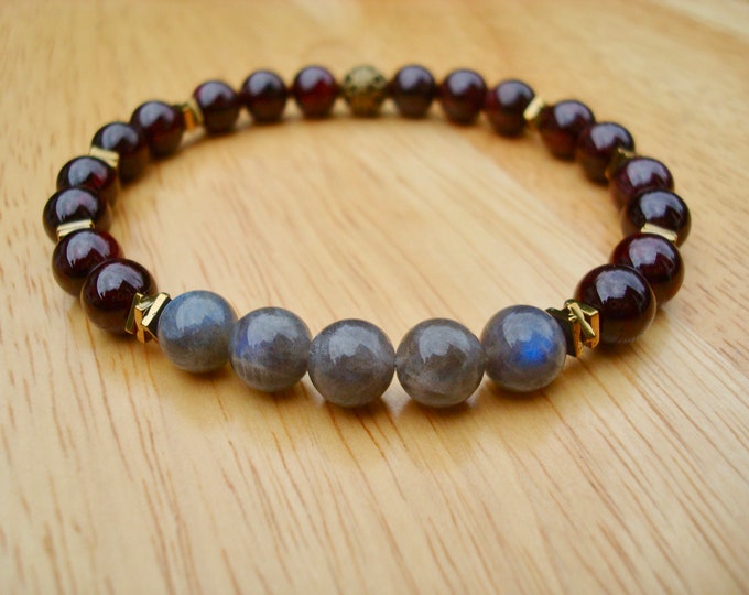 Men's Spiritual Love Protection, Serenity, Strength Bracelet with Semi Precious Labradorite, Red Garnet, Hematites - Bohemian Man Bracelet