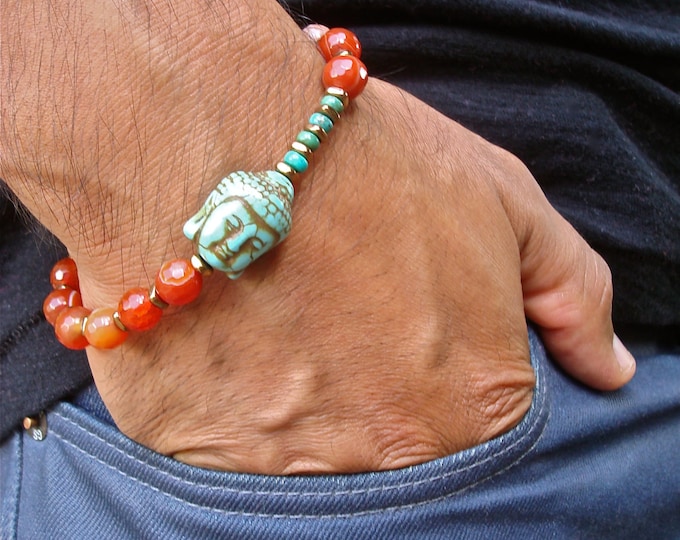 Men's Spiritual and Healing Tibetan Buddha Bracelet with Semi Precious Carnelians, African Turquoise, Hematites Carved Turquoise Buddha