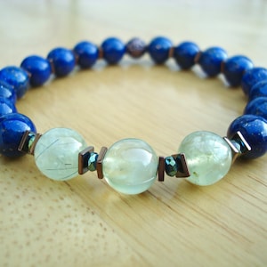 Men's Unconditional Love, Healing, Protection Bracelet with Semi Precious Prehnite, Lapis Lazuli, Hematites and Copper, Meditation Bracelet image 1