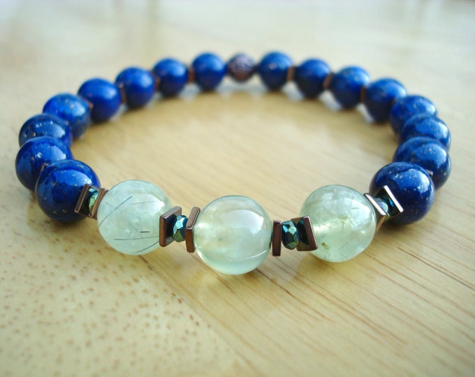 Men's Unconditional Love, Healing, Protection Bracelet with Semi Precious Prehnite, Lapis Lazuli, Hematites and Copper, Meditation Bracelet
