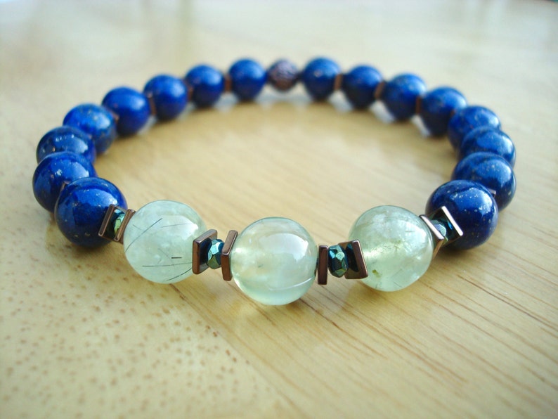 Men's Unconditional Love, Healing, Protection Bracelet with Semi Precious Prehnite, Lapis Lazuli, Hematites and Copper, Meditation Bracelet image 1