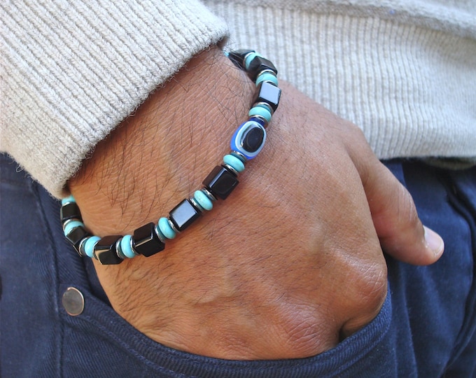 Men's Spiritual Evil Eye Protection Bracelet with Turquoise, Jet Glass Cubes, Nazar Boncugu - Evil Eye Resin, Gunmetal Rondelles, Bali Bead