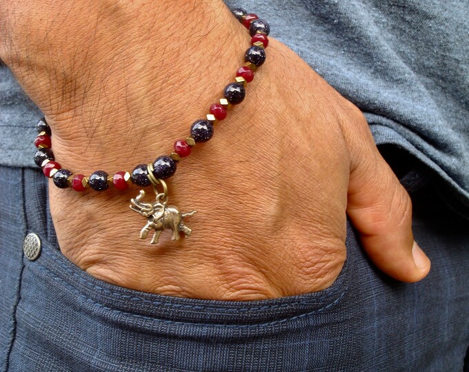 Men's Minimalist Spiritual Protection, Love, Fortune Bracelet - Semi Precious Red Garnet, Blue Aventurine, Hematites, Brass Elephant Charm
