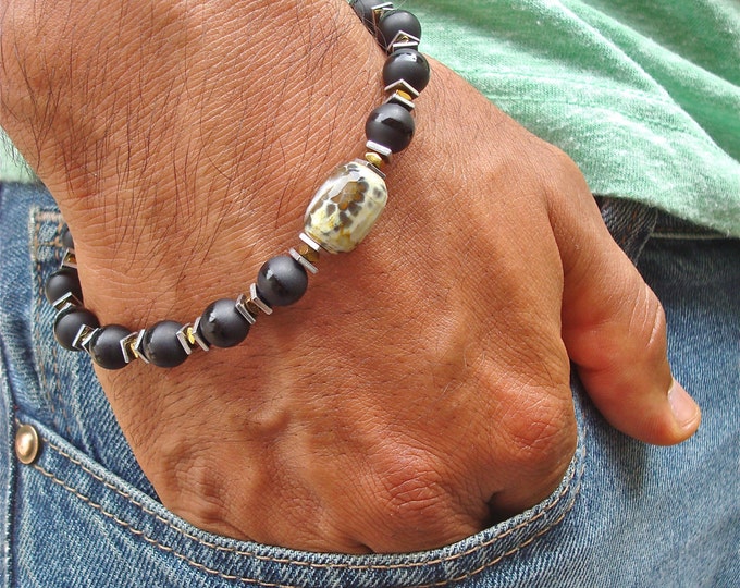 Men's/Unisex Spiritual Protection, Fortune, Love Bracelet with Semi Precious Fire Agate, Onyx, Hematites, Bali Bead - Balance and Abundance