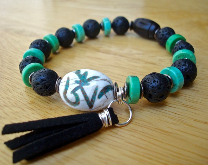 Men's Spiritual Tibetan Om Bracelet with Semi Precious Turquoise, Antique Tibetan Om Shell Bead with Turquoise Inlay, Leather Tassel, Lava