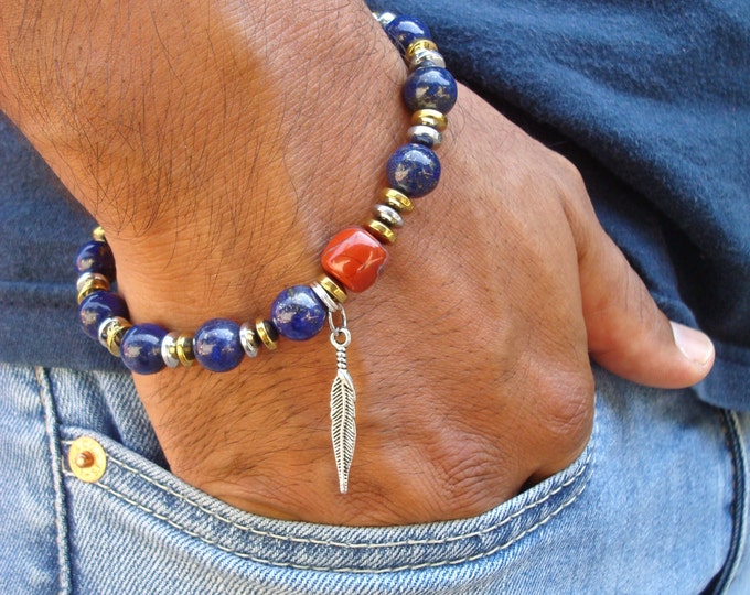 Native American Bracelet with Semi Precious Lapis Lazuli, Terracota Jasper, Hematites in silver and gold tones, Bali Feather charm- Boho Man