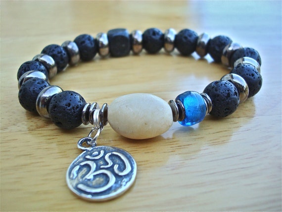 Yoga Om Organic Bracelet With Camajuro Matte Seed, Cobalt Sea Glass, Black  Lava, Gunmetal Rondelles, Wood, and Silver Om Symbol Charm 