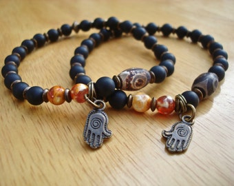 Matching Bracelets, Love, Protection, Yoga, Hamsa Hand, Semi Precious Tibetan Agate, Fire Agates, Onyx, Brass, Hamsa Hand Charm Bracelet