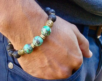 Men's Spiritual Healing, Courage, Patience Bracelet with Semi Precious Green Howlite, Lava, Bronze, Carved Wood - Bohemian Man Bracelet