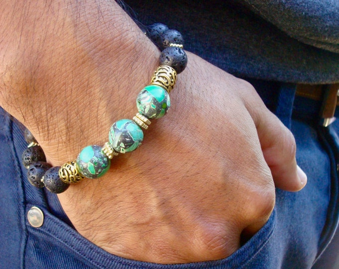 Men's Spiritual Healing, Courage, Patience Bracelet with Semi Precious Green Howlite, Lava, Bronze, Carved Wood - Bohemian Man Bracelet