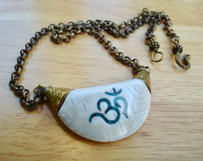 Spiritual Protection Tibetan Om Necklace of Shell and Turquoise Inlay Brass Capped Charm, Solid Antique Brass Link Chain, Boho Man Necklace