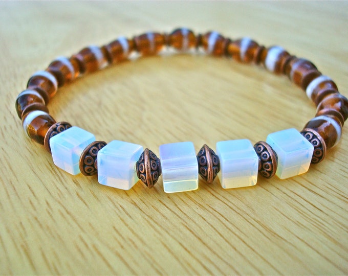 Men's Spiritual Happiness, Good Fortune Bracelet with Semi Precious Moonstone Cubes, Moroccan Honey Oval Glass Beads, Copper Filigree