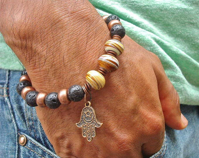 Men's Bracelet Spiritual Healing, Courage and Strength, Evil Eye Protection with Filigree Copper Hamsa Hand, Lava, Caramel Murano Lampwork