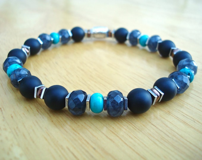 Men's Spiritual Healing, Negativity Protection, Fortune, Semi Precious Faceted Gray Quartz, Matte Onyx, Hematites, Turquoise- High Fashion