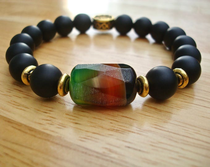 Men's Spiritual Protection, Love, Good Fortune Bracelet Semi Precious  Black Matte Onyx, Brazilian Agate in Green, Red and Black,  Brass