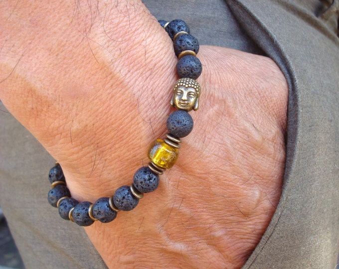 Men's Spiritual Good Fortune Tibetan Buddha Bracelet with Black Lava, Brass Buddha, Rondelles, Murano Bead Brass tone - Yoga Man Bracelet