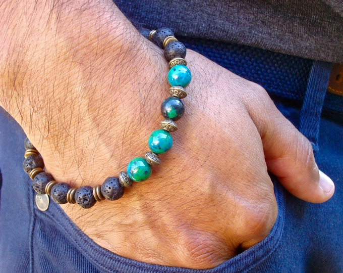 Men's Spiritual Healing, Peace, Courage and Wisdom Bracelet with Semi Precious Teal Chrysocolla, Black Lava, Brass Filigree -  High Fashion