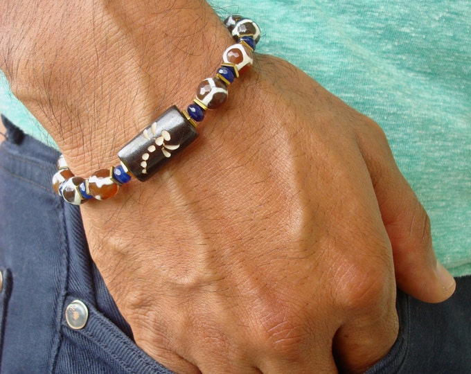 Men's Spiritual Protection, Serenity Bracelet with Semi Precious Tibetan Fire Agates, Blue Jade, Hematites, Carved Dragonfly Bone- Boho Men