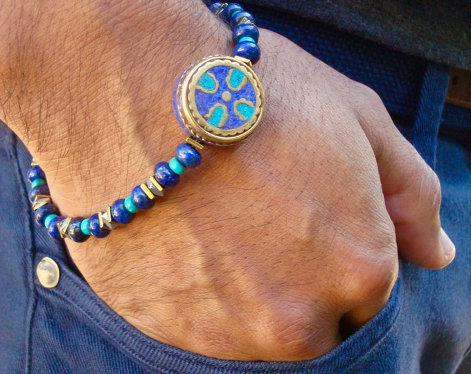 Spiritual Protection, Healing, Fortune and Happiness Bracelet with Semi Precious Lapis Lazuli, Turquoise, Hematites, Tibetan Guru Bead
