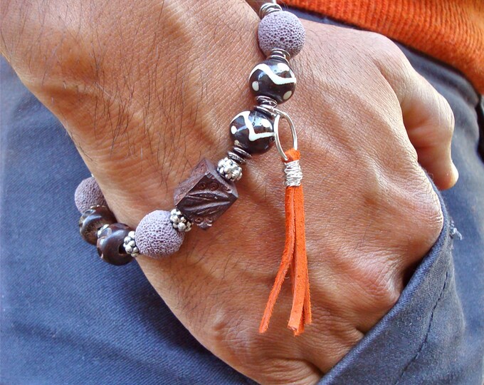 Men's Bracelet with Malva Lava, Hand Carved Skull Howlite, Carved Wood and Bone, Leather Tassel Wire Wrapped, Steampunk Man Bracelet, Boho
