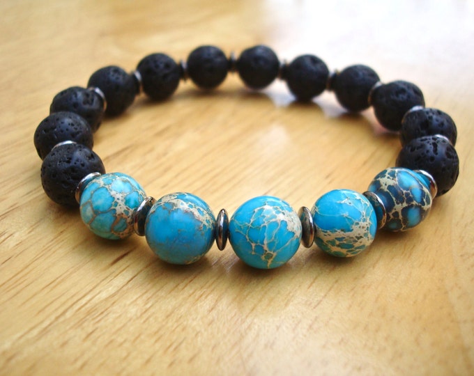 Men's Spiritual Strength, Fortune, Protection Bracelet with Semi Precious Blue Imperial Jasper, Black Lava, Gunmetal -  Bohemian Man